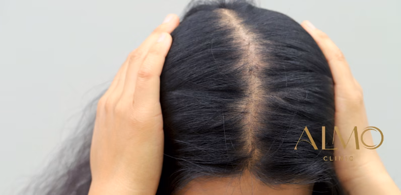 Female alopecia: diffuse thinning of hair on the top of the scalp Female alopecia — diffuse thinning in a woman