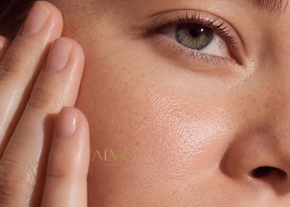 Firmeza, textura y luminosidad de la piel del rostro Primer plano de la piel de la mejilla con textura fina y brillo natural