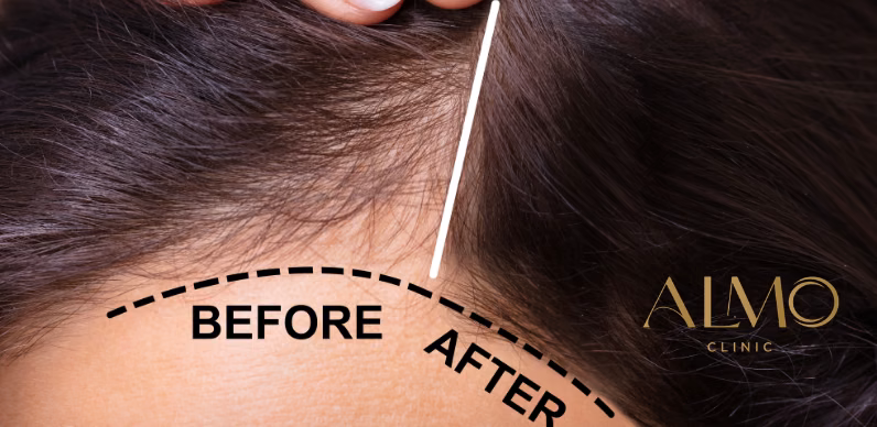 Progressive stages of FUE hair transplant recovery from immediate postoperative to 12-month final result Hair transplant recovery timeline showing progress from day one to 12 months post-surgery