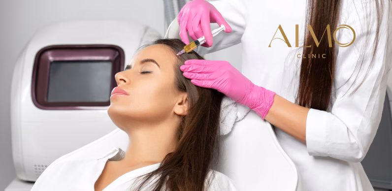 Indications for hair mesotherapy: active hair loss, diffuse alopecia and preventive densification at ALMO Clinic Bogotá Diagram explaining clinical indications for hair mesotherapy: telogen effluvium, diffuse thinning and alopecia