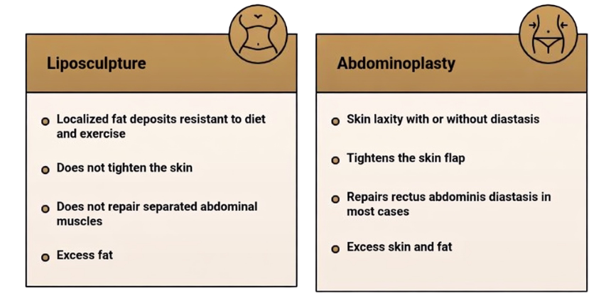 What each procedure does: Liposuction removes fat, abdominoplasty removes excess skin