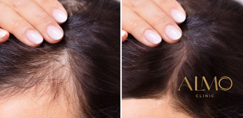 Woman experiencing stress-related hair loss with visible scalp thinning on the crown area