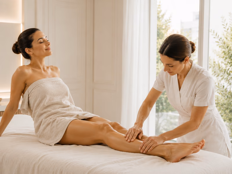 Lymphatic drainage massage on the legs at a medical spa in Bogotá Lymphatic drainage massage on the legs: therapist moving her hands from the calf towards the knee
