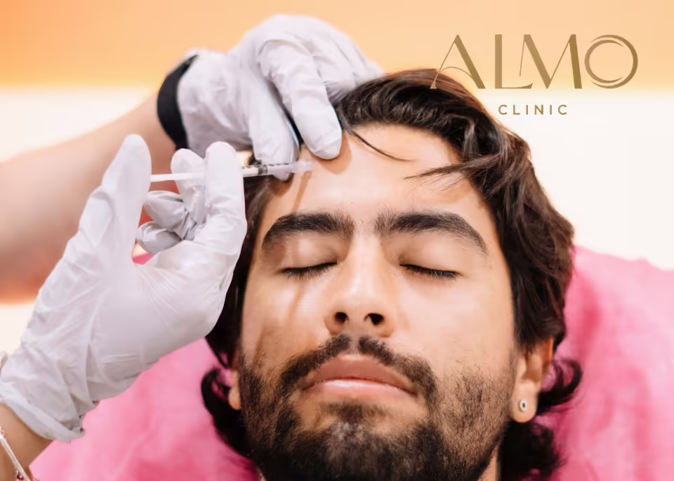 Toxina botulínica y tratamientos faciales en Bogotá Aplicación de toxina botulínica en la frente de un paciente en ALMO Clinic
